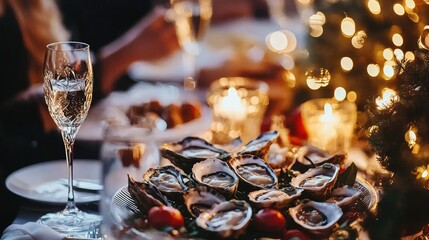 Naklejka premium Elegant Dinner Table Setting with Fresh Oysters and Sparkling Wine Surrounded by Soft Glow of Candles and Holiday Lights for Festive Celebrations
