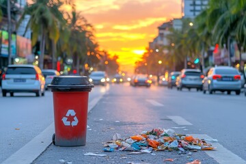  Contenedor de reciclaje rojo junto a una pila de basura, en una calle al atardecer con tráfico.
