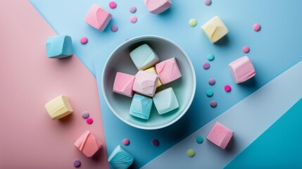Pastel marshmallows in a bowl with colorful candies on a gradient background