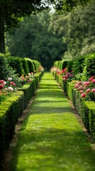 Serene Green Pathway Through Colorful Flower Borders in a Calm Garden Setting Surrounded by Lush Foliage and Tranquil Nature Scenes