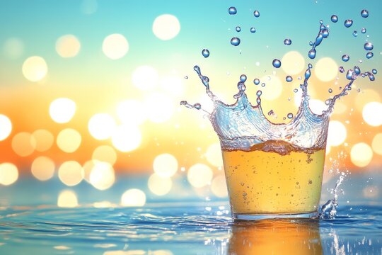  Un vaso con agua lanzando salpicaduras, с яркими огнями на заднем плане.

