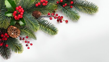 frame of Christmas fir branches and holly berries and pine cones on white background, product placement and copy text space