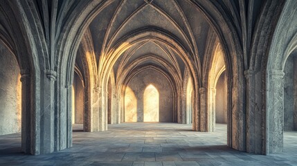 Stunning Architectural Interior of a Gothic Style Hall with Arched Ceilings and Soft Light Illuminating Stone Walls and Flooring for Artistic and Historical Projects