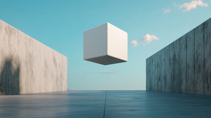 3D render of a floating white cube in the center of a clean space