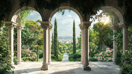 Serene Garden View Through Classical Archways Surrounded By Lush Greenery, Colorful Flowers, and Majestic Trees in a Bright and Tranquil Atmosphere