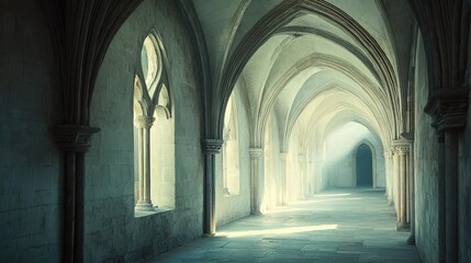 Obraz premium Atmospheric and Ethereal Image of a Historic Gothic Interior with Soft Light Streaming Through Arched Windows, Perfect for Evoking a Sense of Tranquility and Antiquity in Any Project