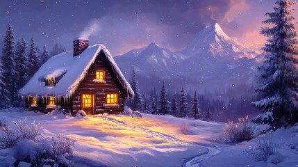 A Cozy Cabin Nestled in a Snowy Mountain Landscape