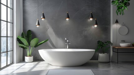 Fototapeta premium Modern bathroom with freestanding tub and plants