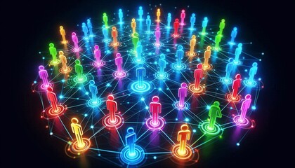 Network of interconnected people with glowing stick figures, symbolizing social media and networking