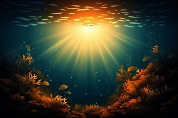 Sunlight streaming through calm ocean waters illuminating vibrant coral reefs. Generative AI