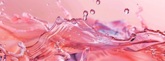 Dynamic splash of pink liquid with water droplets in motion