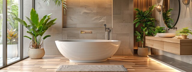 Modern spa bathroom with lush green plants and natural lighting