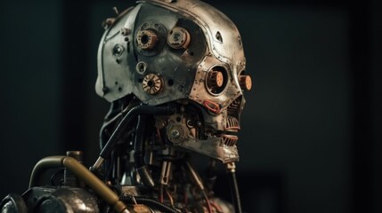Fototapeta premium Close-up of a metallic robot head, intricate details and mechanical elements, dark background.