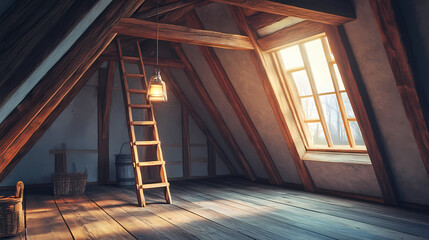 Obraz premium Empty attic room with wooden beams, lantern and ladder, vintage interior design. Obscure. Illustration