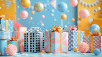 Colorful gift boxes with festive ribbons in a playful setting