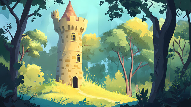 Enchanted rapunzel tower hidden deep in the forest , fantasy, fairytale, princess, castle, tower, magical, woods, forest. Obscure. Illustration