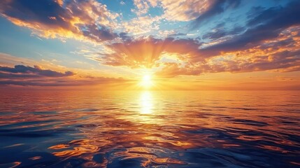 Fototapeta premium Serene Sunrise Over Calm Ocean Waters, Vibrant Colors Reflecting on the Surface, Tranquil Morning Scene with Clouds and Glorious Sun Rays Illuminating the Horizon