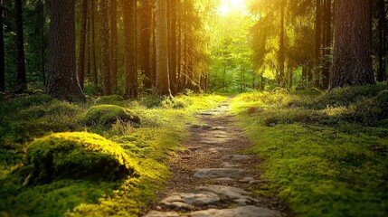 Obraz premium Tranquil Forest Pathway Surrounded by Lush Greenery and Sunlight Filtering Through Tall Trees in a Serene Natural Landscape