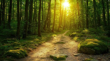 Obraz premium Serene Forest Pathway Through Lush Green Trees with Dappled Sunlight Creating a Tranquil Atmosphere Ideal for Nature Lovers and Outdoor Enthusiasts