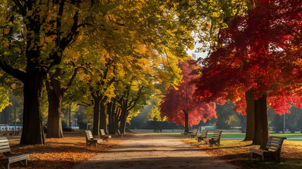 Naklejka premium Autumn park with golden and red foliage.