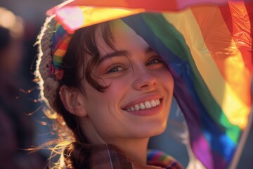Young activist woman smiling and holding rainbow flag symbol of Lgbtq social movement