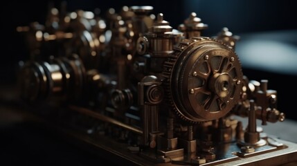 Fototapeta premium Intricate Bronze Steampunk Engine Model: A Masterpiece of Mechanical Art