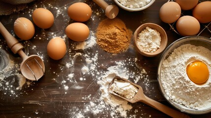 Flat lay of baking ingredients on wooden surface