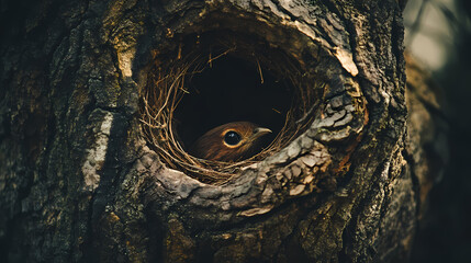 Hidden birds nest nestled within hollow of rustic tree trunk nature photography. Obscure. Illustration