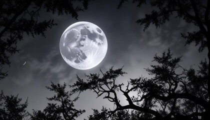 Naklejka premium Crescent moon shining through silhouetted branches, eerie, mystical, eerie