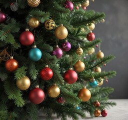 Festive green branches of a Christmas tree with colorful ornaments, celebration, season, decorations