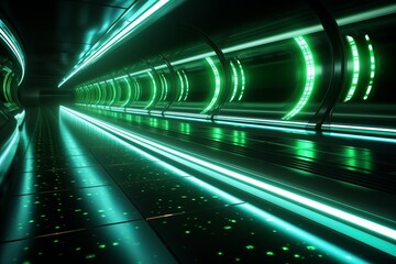 Modern tunnel illuminated with vibrant green lights in a futuristic setting. Generative AI