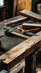 Craftsmanship Close-Up of Wooden Workbench Surrounded by Hand Tools, Measuring Instruments, and Various Wood Pieces in a Cozy Workshop Setting