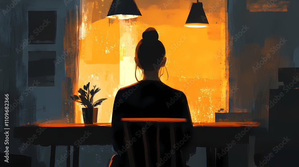 Sticker Back view of unrecognizable woman sitting at table in dark room in evening light. generative ai. Obscure. Illustration