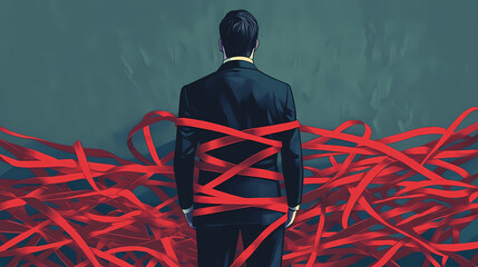 Back view of businessman in suit entangled in red tape symbolizing bureaucratic restrictions. Obscure. Illustration