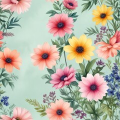 Colorful watercolor flowers on a pastel background, soft, organic, spring