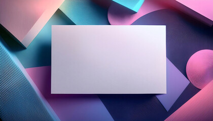 Geometric background features a blank business card mock-up surrounded by colorful abstract shapes and textures for design purposes