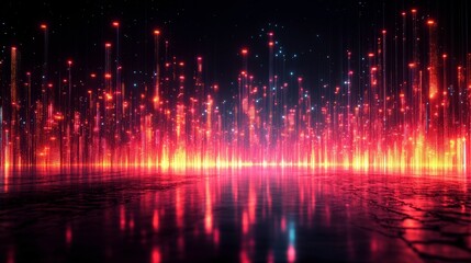 Vibrant Digital Landscape with Glowing Lights and Reflections Creating a Futuristic and Energetic Atmosphere for Background or Creative Projects