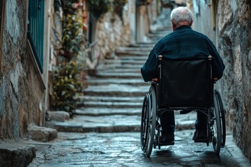 An elderly man in a wheelchair faces a steep staircase in a narrow alley, highlighting the urgent need for better accessibility and the daily challenges faced by those with limited mobility