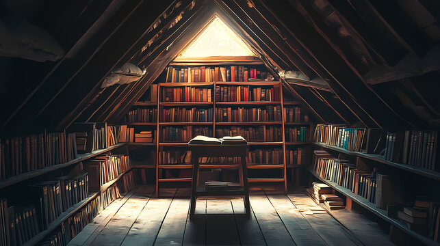 A dimly lit attic filled with old books serves as a hidden sanctuary where an author brings stories to life. Obscure. Illustration