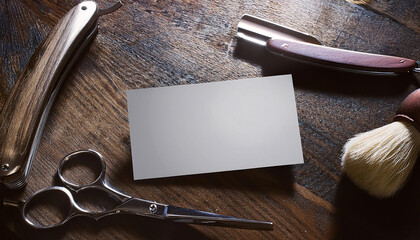 Business card mock up surrounded by essential barber tools on a rustic countertop