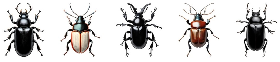 Set of various beetles isolated on transparent background.