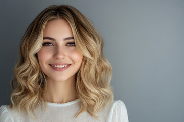 Naklejka premium Smiling young woman with wavy hair poses against a gray background