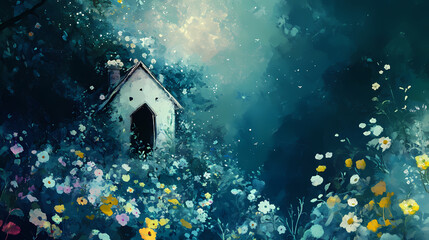 Naklejka premium A tiny house is hidden in a dense, overgrown flower garden, with a night sky watercolor oil painting vector art illustration. Obscure. Illustration