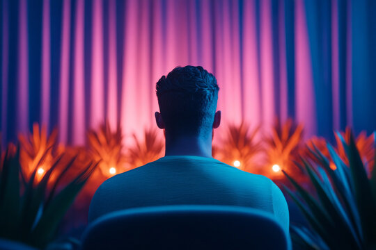 person sits in glowing mental health workshop setting.