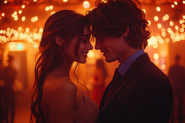 Young couple in love tenderly hugging in romantic evening on Valentine's Day