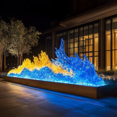 glowing plastic art installation in public space at night.