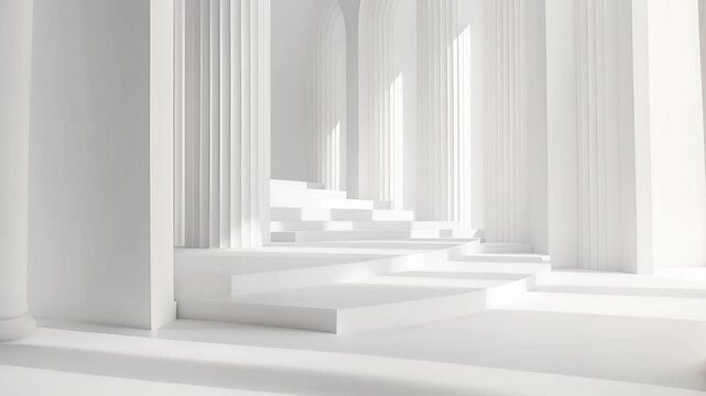 3D rendering of a white classical interior with podiums and columns
