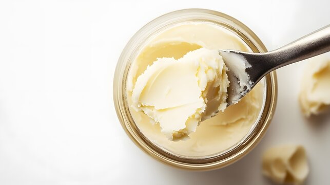 Realistic arrangement of shea butter being scooped with a spatula from a jar on a white background, highlighting its smooth, creamy consistency and rich texture
