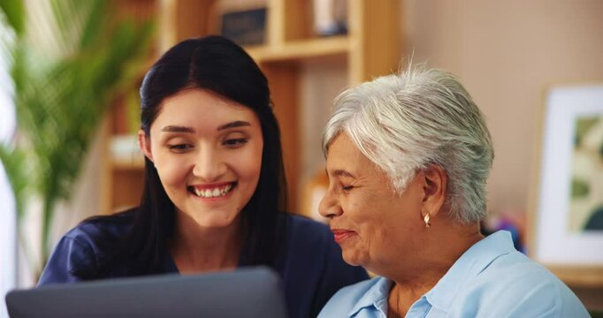 House, nurse and old woman with tablet, help and conversation with website information. Pensioner, medical and professional with computer, mature patient or application for life insurance or internet
