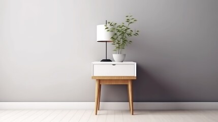 Minimalist Bedroom Nightstand Design: Modern Table Lamp, Potted Plant, and White Drawer